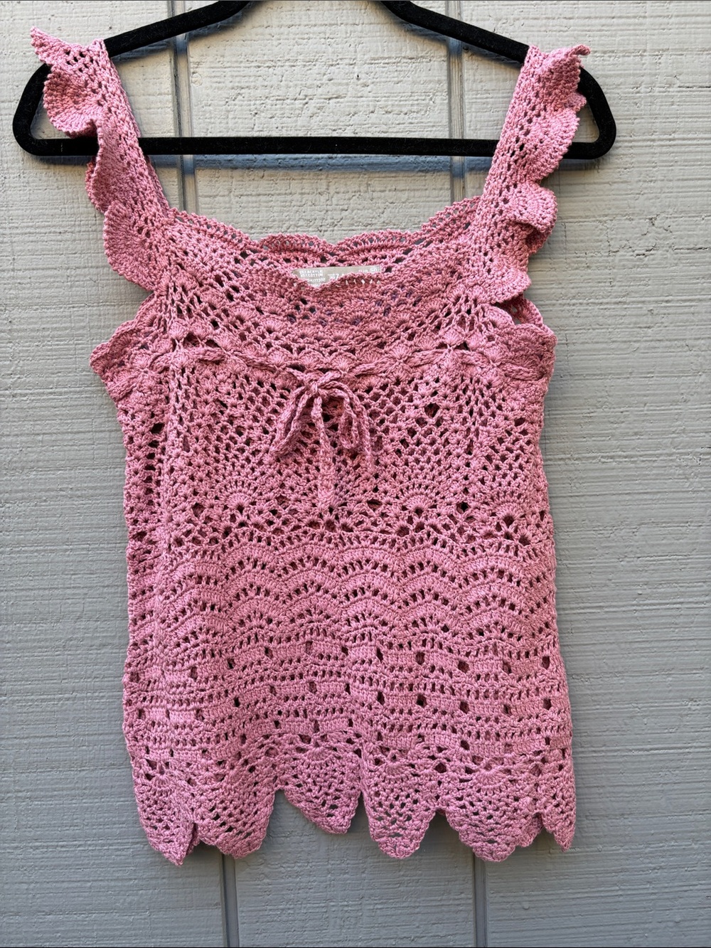 ZARA Pink Crochet Open Knit Ruffle Scalloped Boho Top Size M